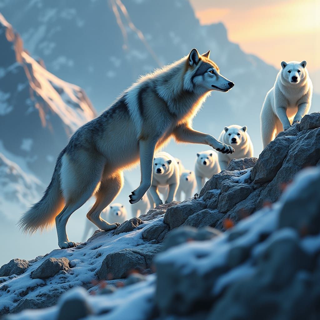 Wolf Climbs Mountain Chased by Polar Bears