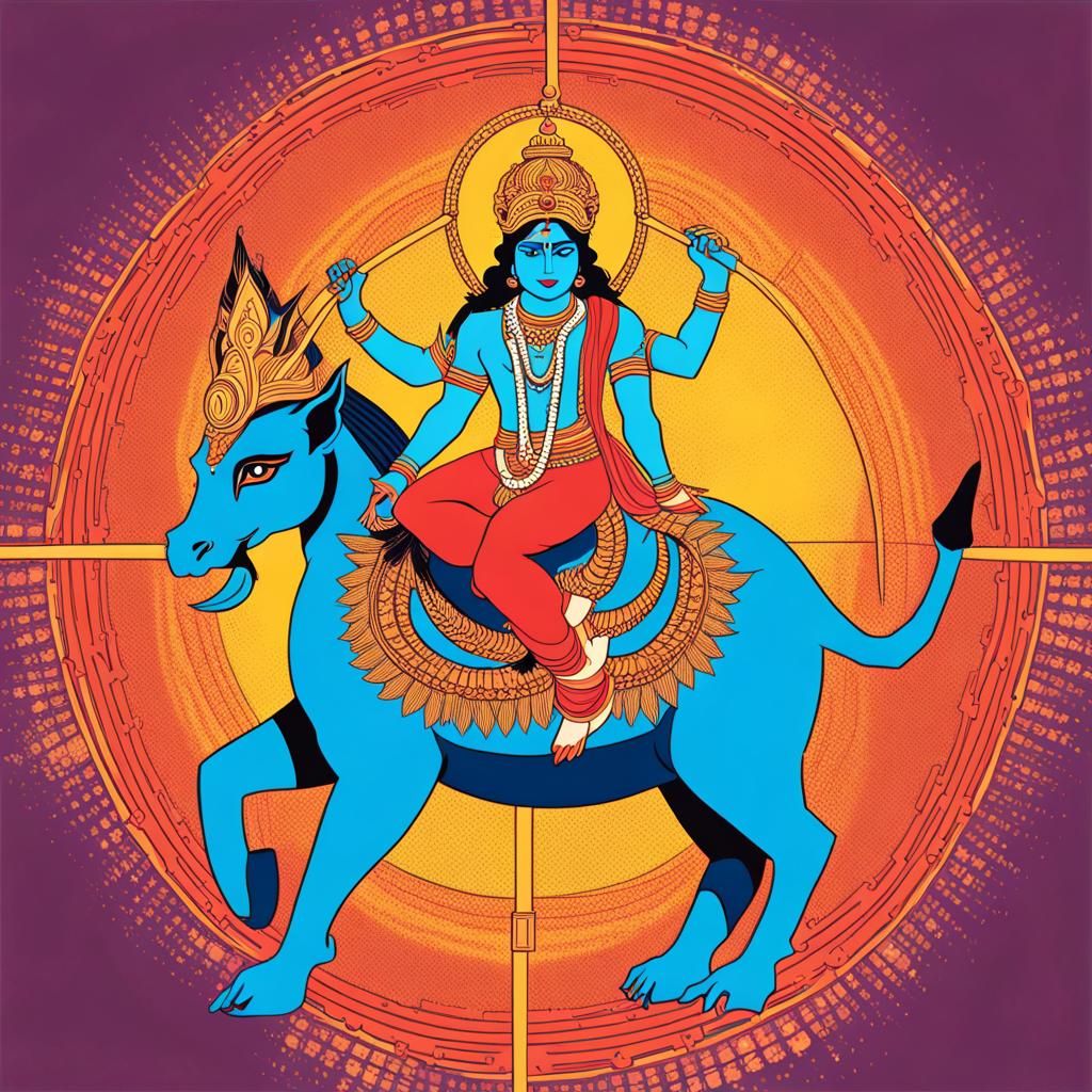 Lord Krishna on Garuda in Pop Art Style