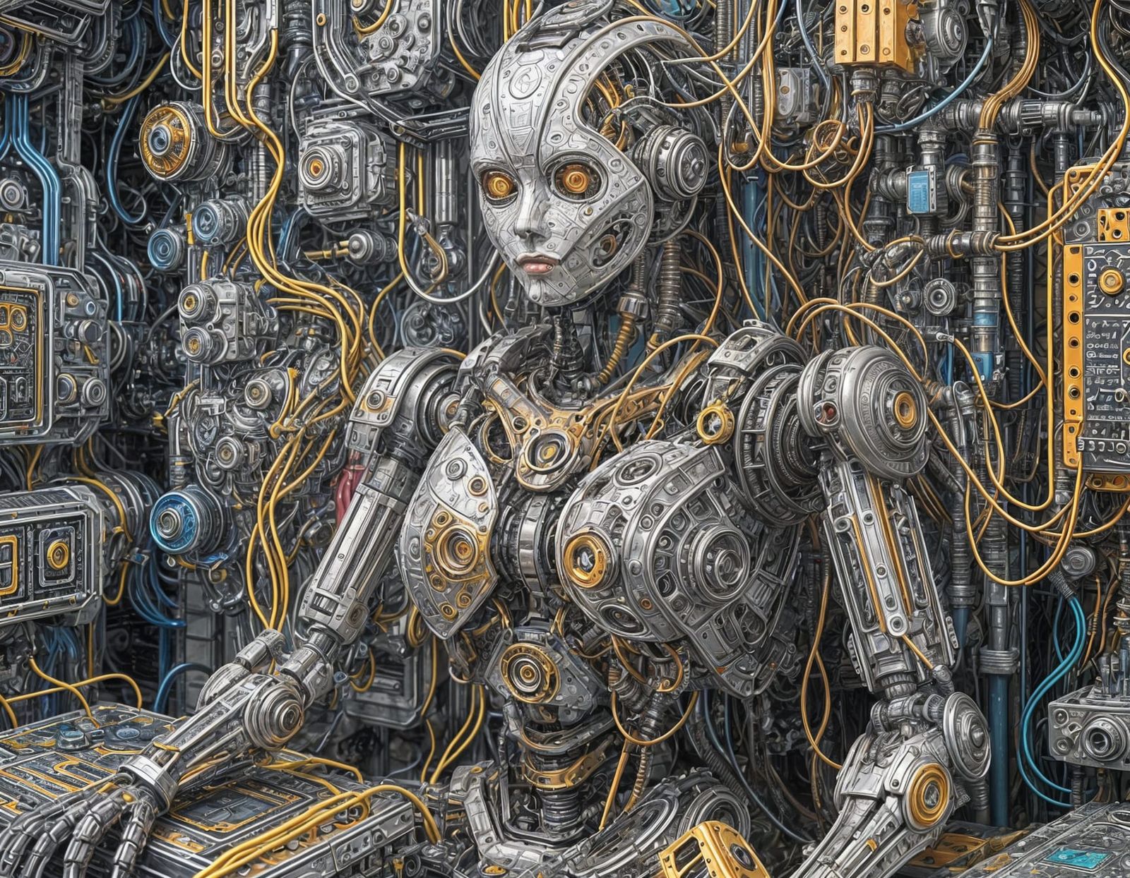 Hyperdetailed Generative Art: Female Robot on Table