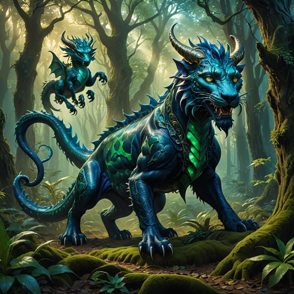 Dragon-Displacer Beast Hybrid in Forest, Matte Painting