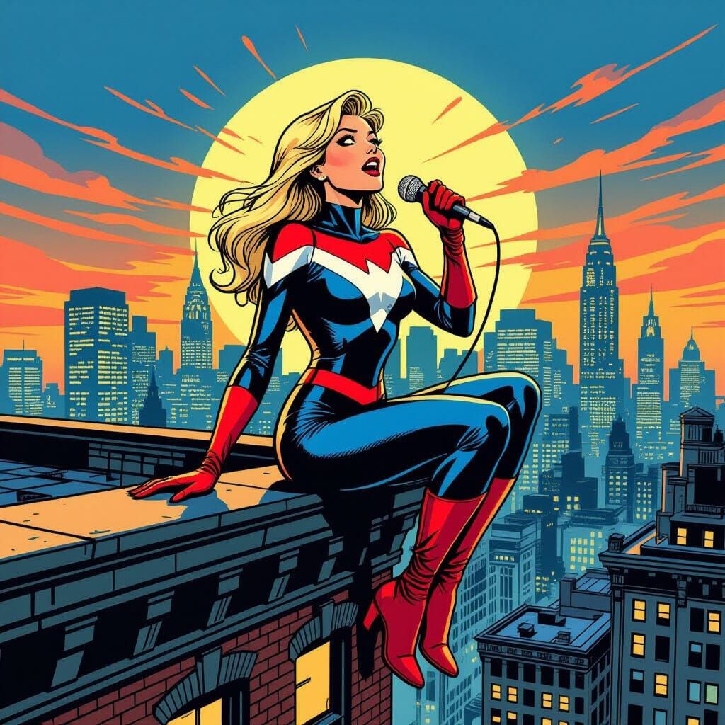 Gwen Stacy Sings on Ledge in Retro Comic Art Style