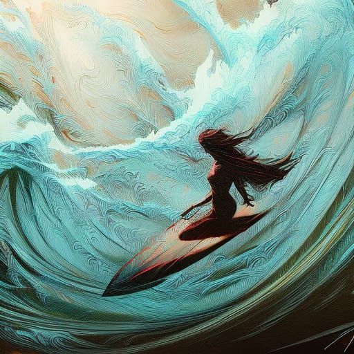 Colorful Lady Surfer in Flowing Ink Style