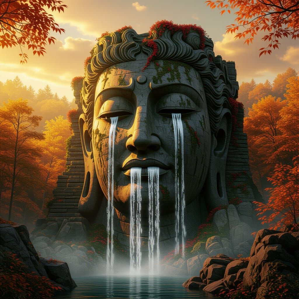 Giant Waterfall Statue Adorned with Red Ivy in Autumn Forest