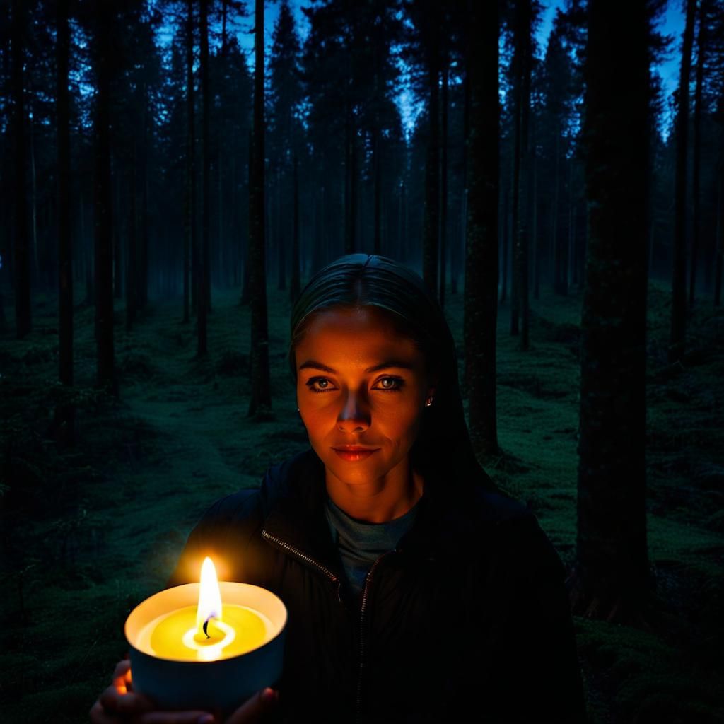 Eerie Candlelit Figure in Dark Forest