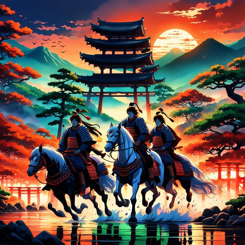 Samurai Ride to Miyajima Gate: Anime Matte Painting