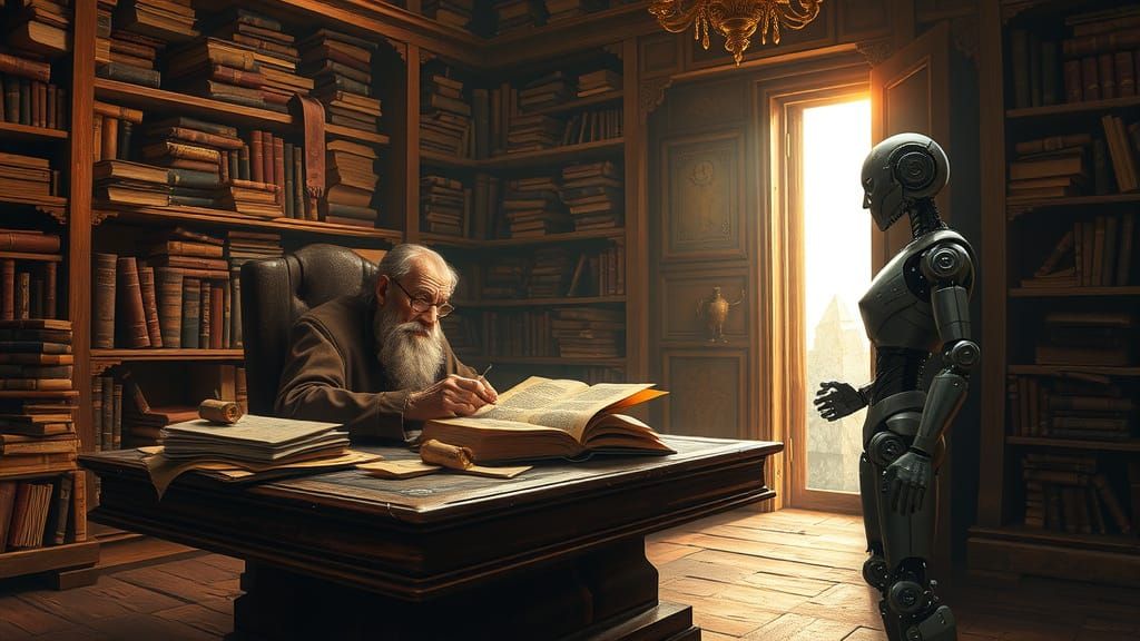 Ancient Wooden Library in Golden Light