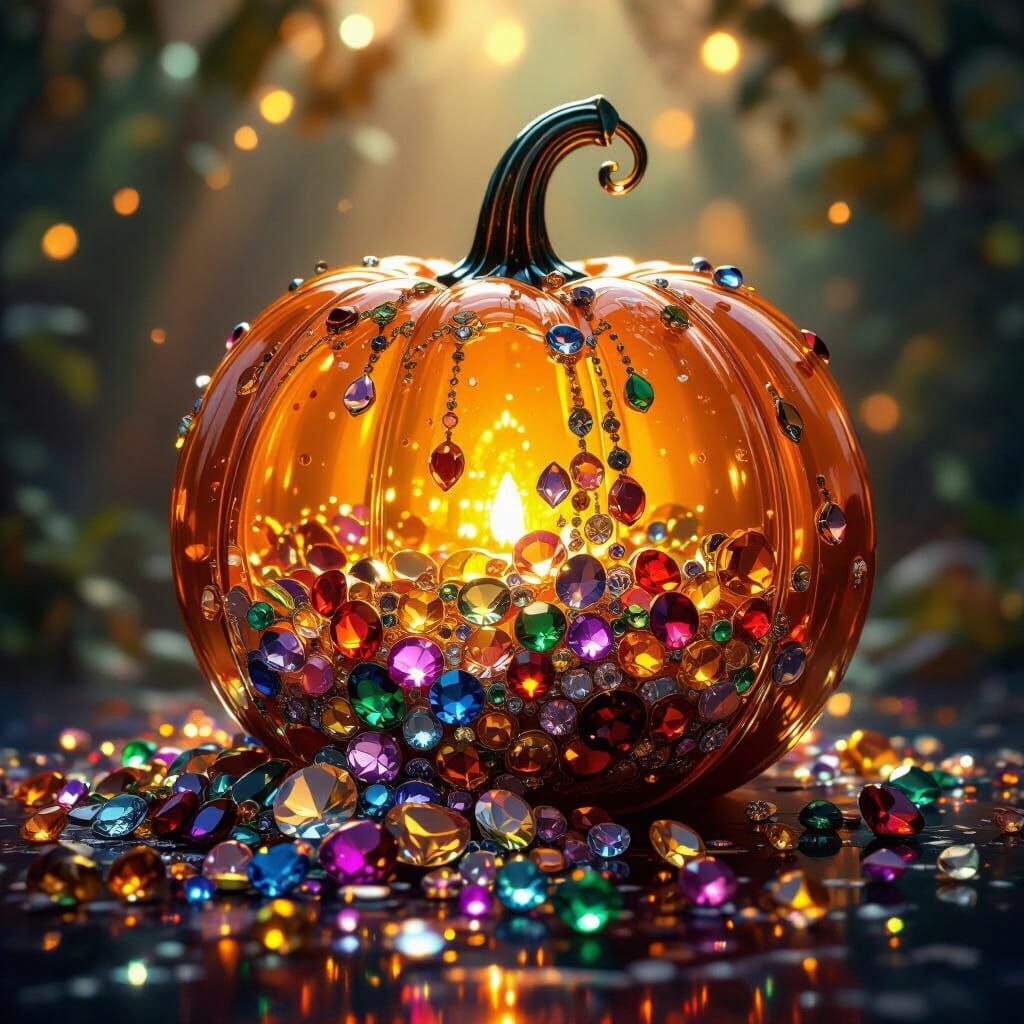 Glass Pumpkin Overflowing with Jewels in Magical Light