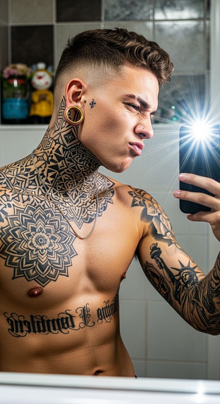 Muscular Man's Mirror Selfie with Intense Flash Lighting