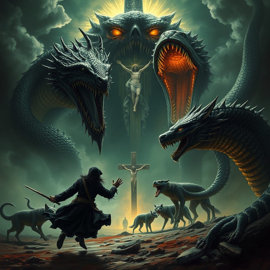 A Dark Figure Flees from a Twisted Serpentine Creature in a...