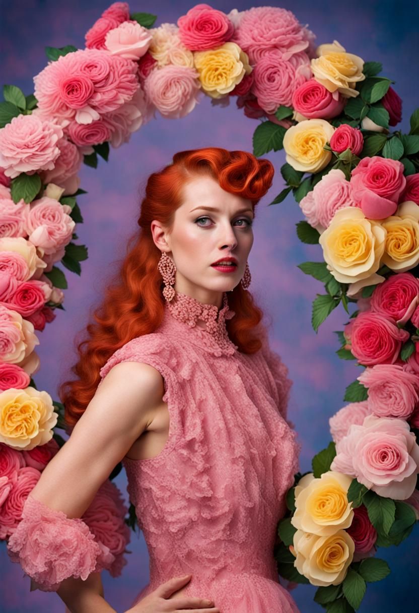 Kitsch Portrait of Redhead in Pink Dress