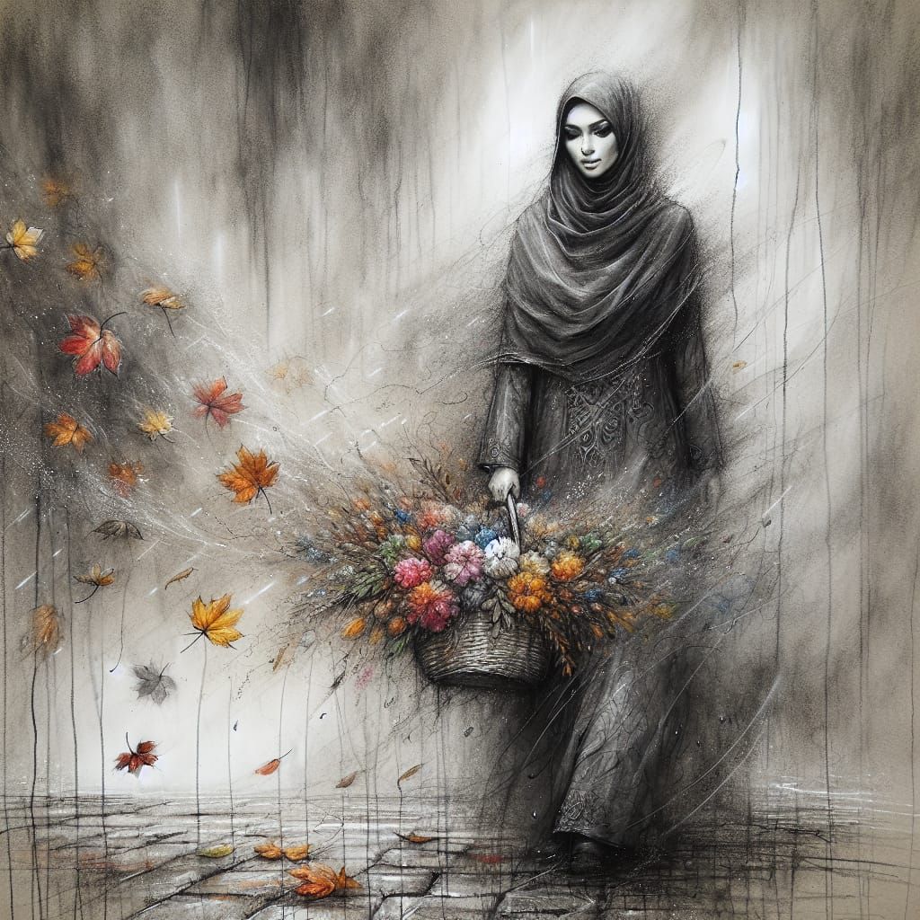 Woman with Autumn Flowers in Charcoal Watercolor