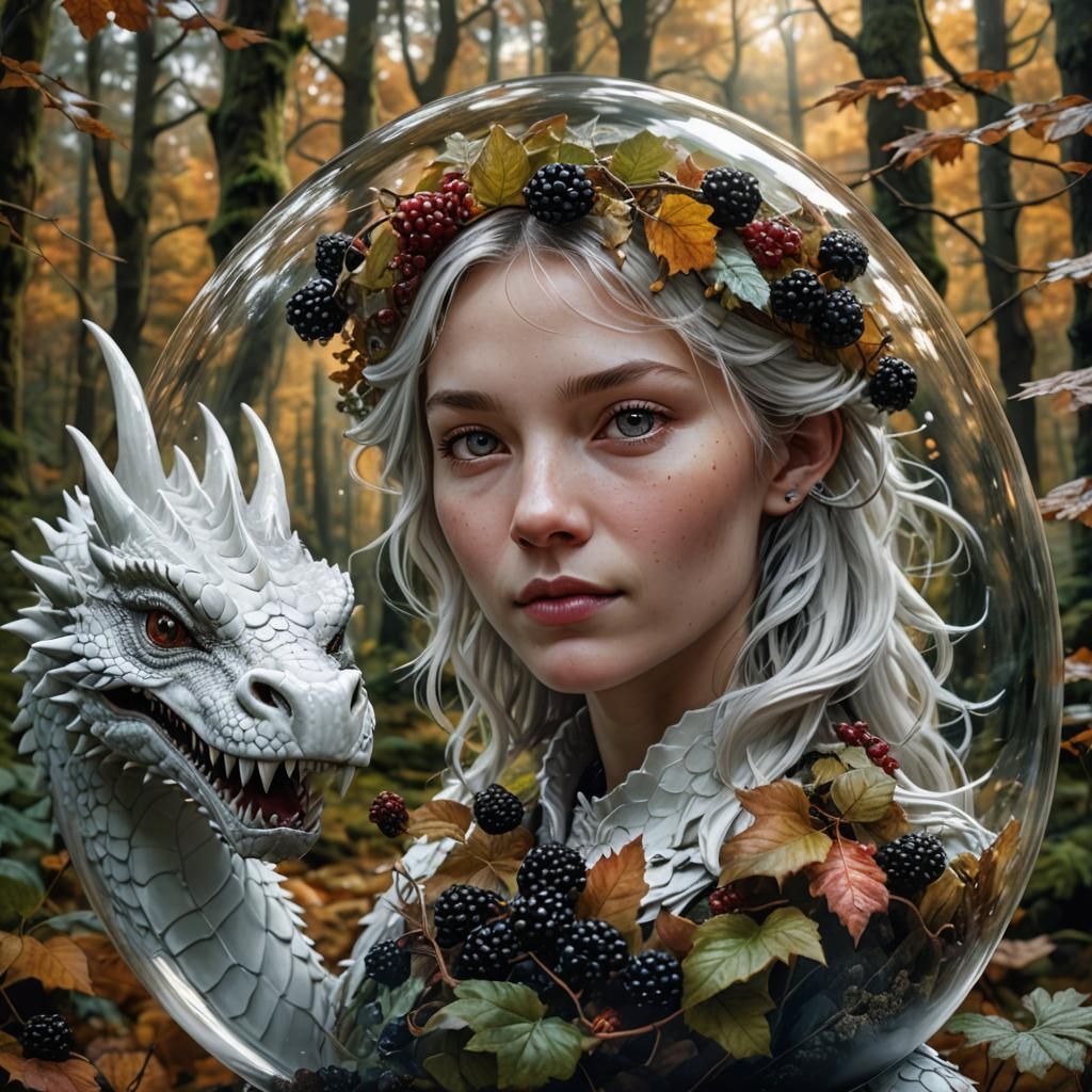 White Dragon and Woman in Autumn Forest