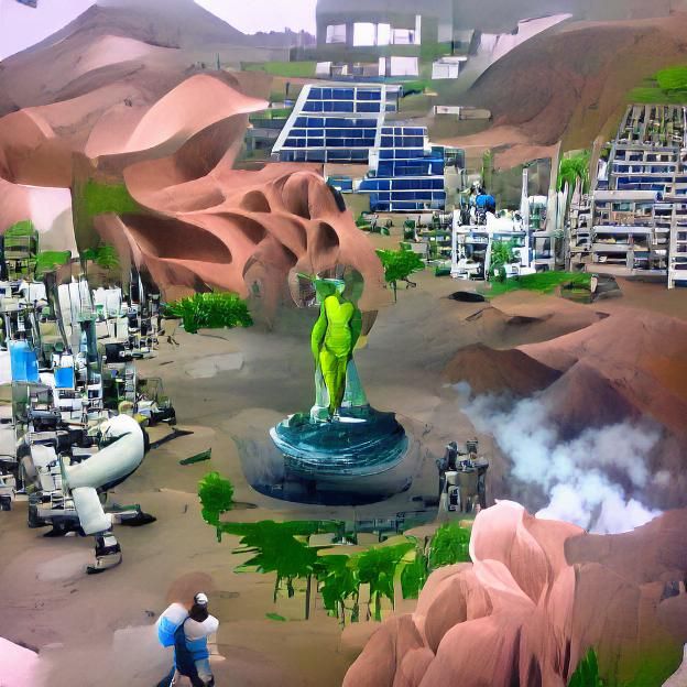 Solarpunk Bronze Foundry Casting Statue on Lush Planet