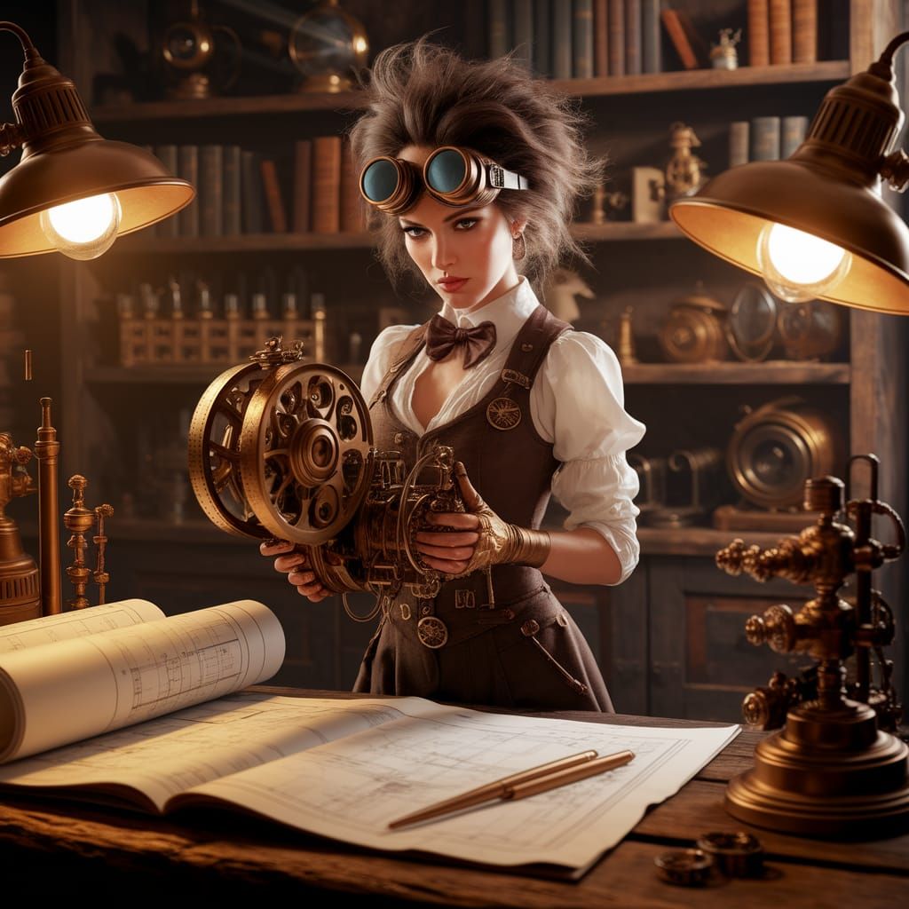 Steampunk Inventor in Warmly Lit Workshop