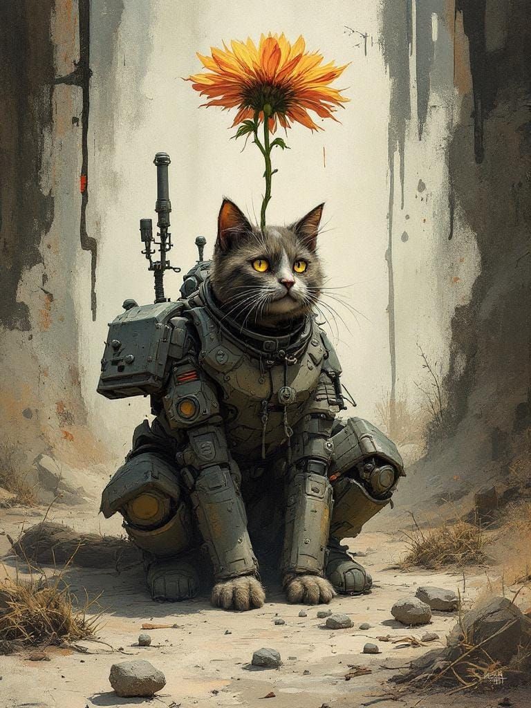 Dieselpunk Cat Under Flower in Alternate History
