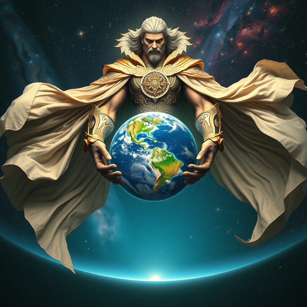 Cosmic Guardian Holds Earth in Vast, Celestial Hands