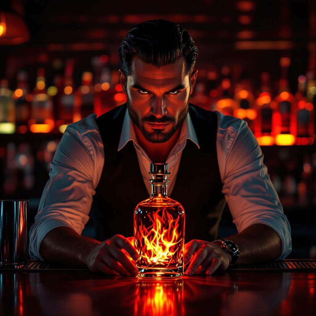 Dangerous Bartender with Fiery Bottle in Art Deco Bar