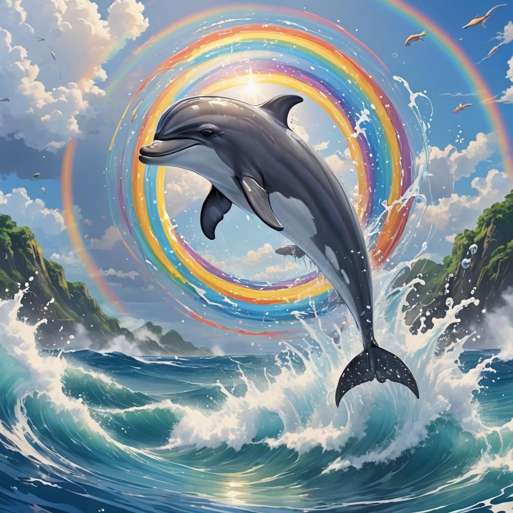 Baby Dolphin Jumps Through Rainbow Ring: Anime Style