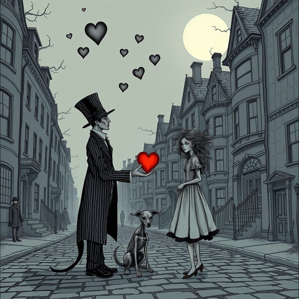 Melancholic Winter Evening in Edward Gorey Style