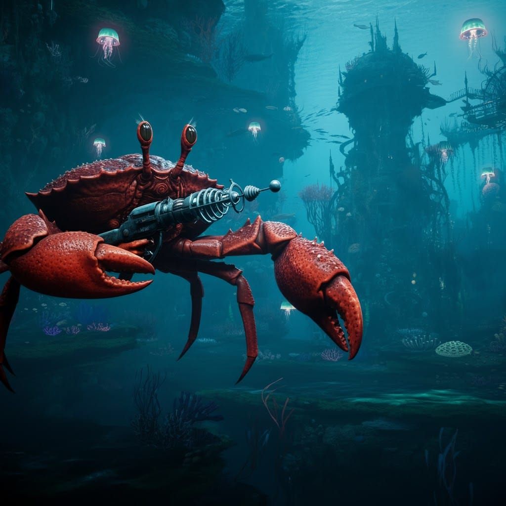 Armored Crab Pilot in Underwater Cityscape