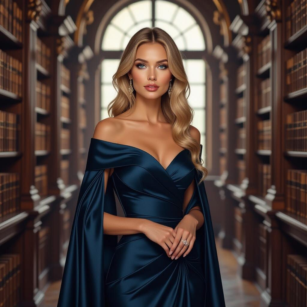 Woman in Baroque Library, Art Nouveau Style