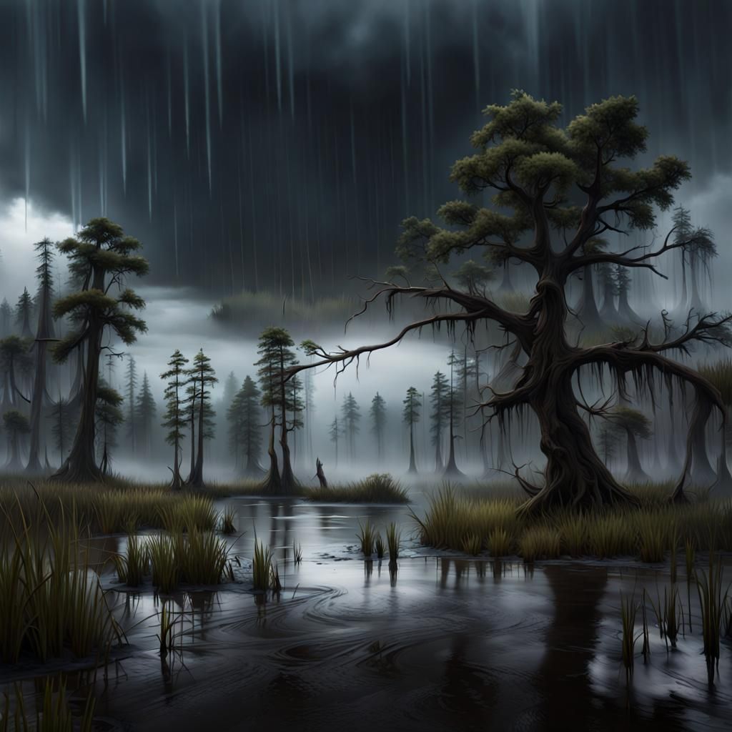 Hyperrealistic Thunderstorm over Gloomy Swamp