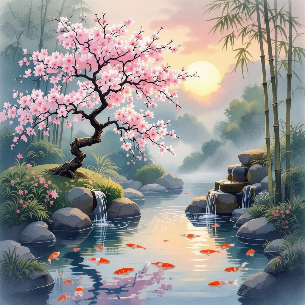 Sunrise Over Misty Garden with Blooming Cherry Tree