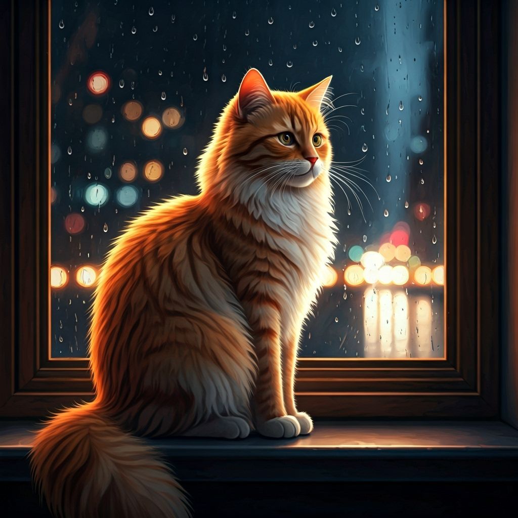 Ginger Cat on Rainy Windowsill with City Lights