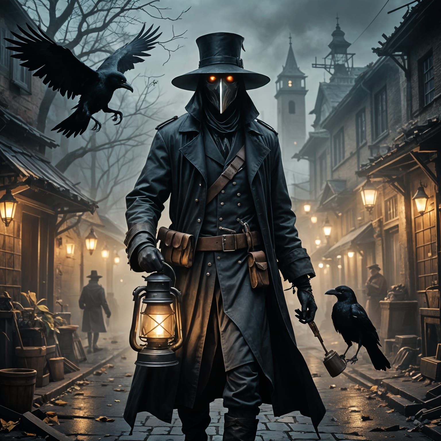 Plague Doctor Portrait with Crow in Dark Mist