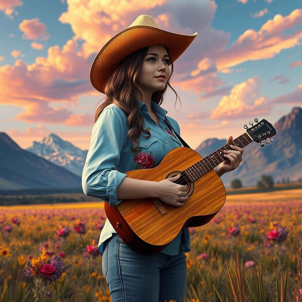 A woman in a cowboy hat holds an acoustic guitar, wearing a ...