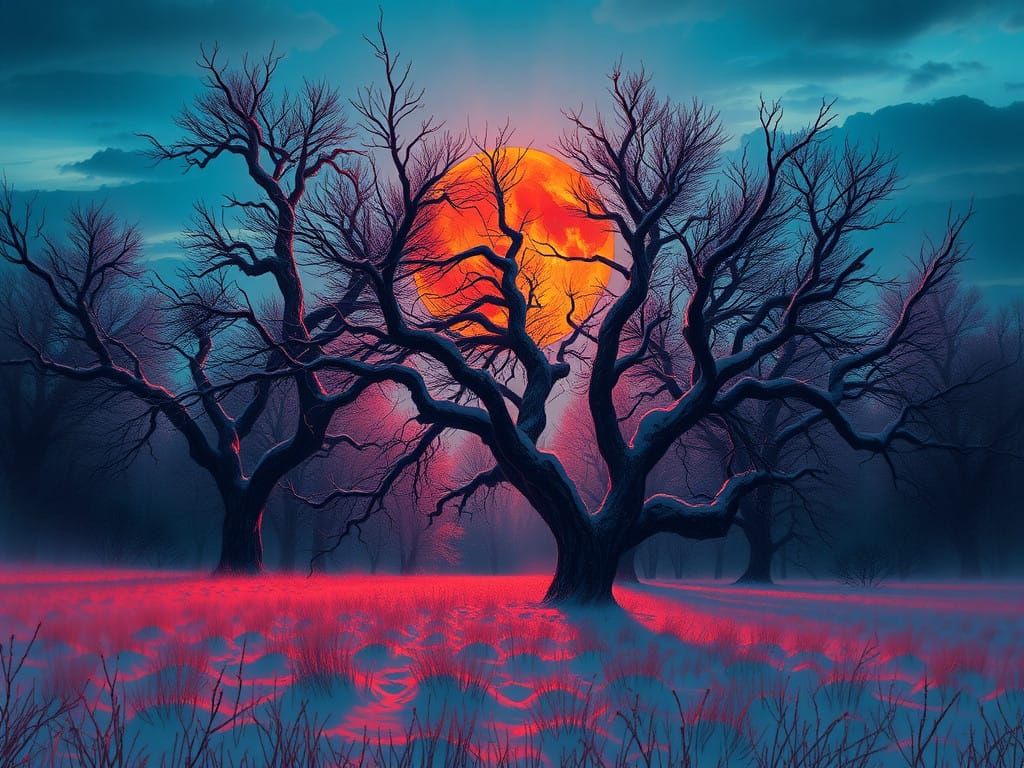 Majestic Red Moon Rising Through Gnarled Winter Trees