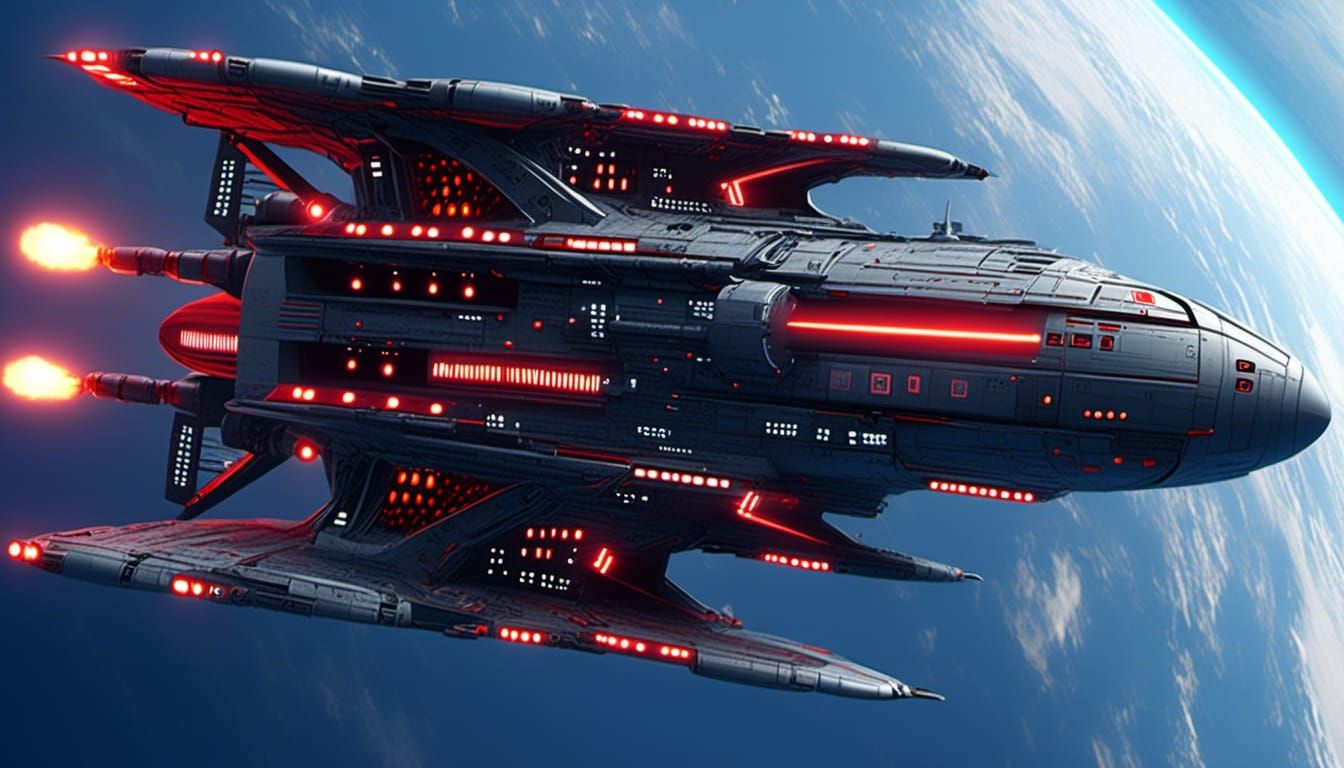 World War 2 Japanese Battleship imagined as a futuristic Spaceship. Gunmetal gray, red and Navy blue. Flying In outer sp...