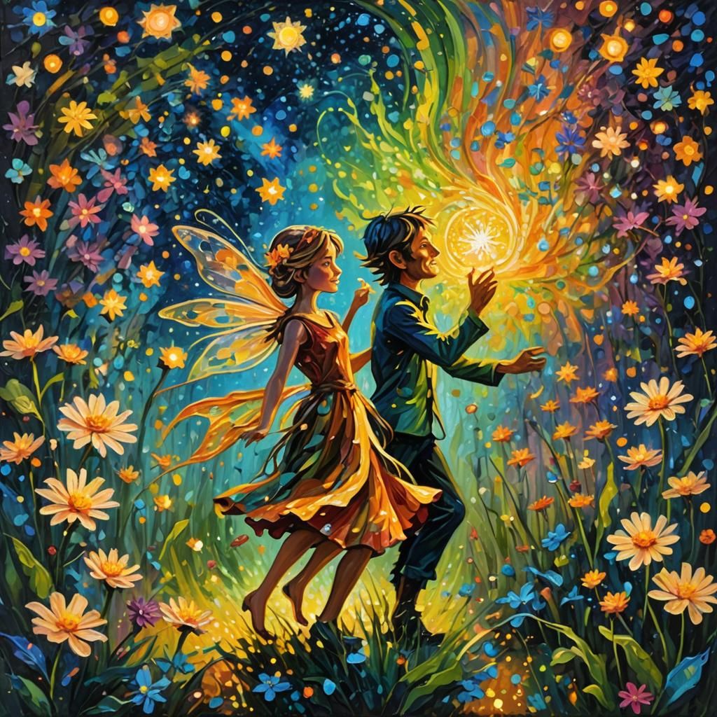 Nighttime fantasyland scene. A fairy and a goblin surrounded...