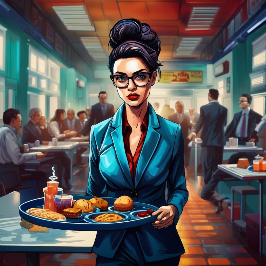 Elegant Businesswoman in Canteen, Comic Style Digital Art