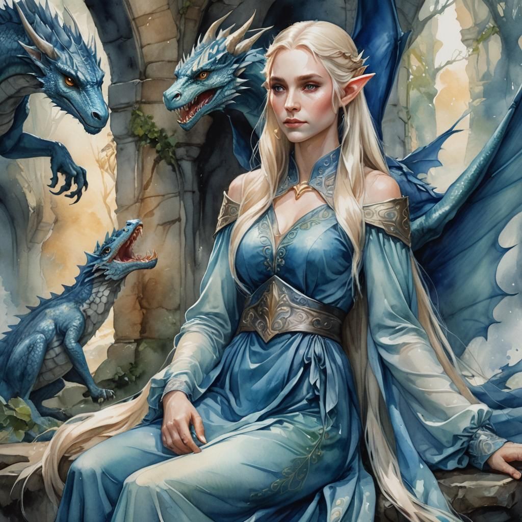 Blonde Elf with Baby Dragon: Watercolor Oil Painting