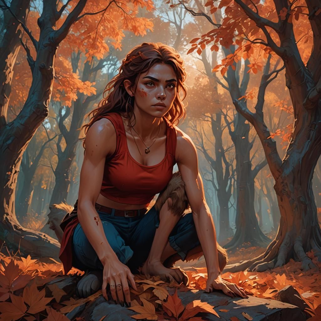 Teenage Werewolf Girl in Autumn Foliage, Fantasy Art