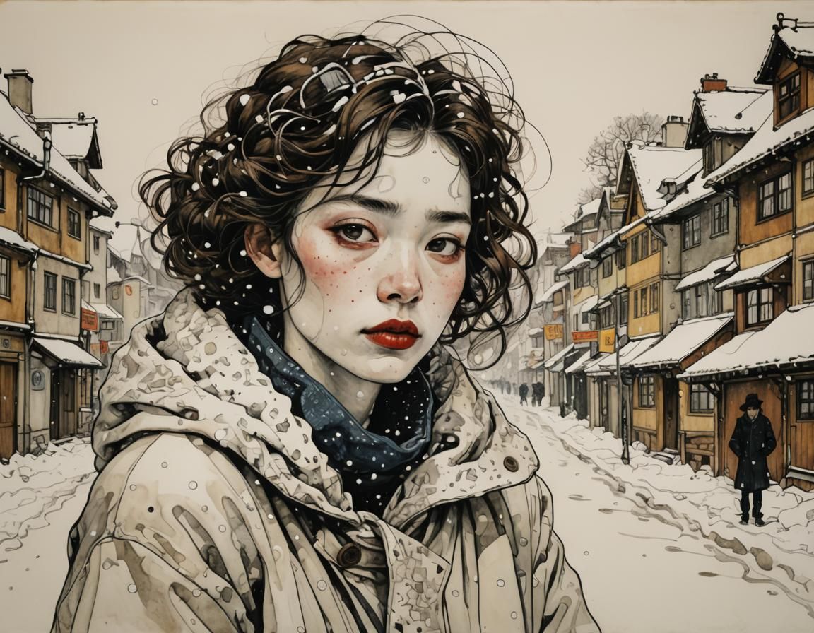 Snowfall Line Drawing in Art Nouveau Style