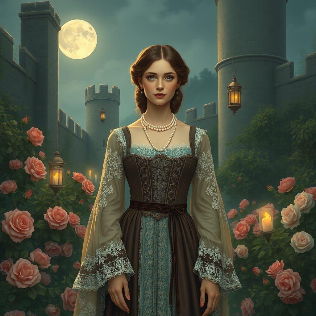 Medieval Lady in Moonlit Garden of Roses