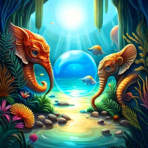 Seahorse Elephant Hybrids in Bioluminescent Bubble, Hyperrea...