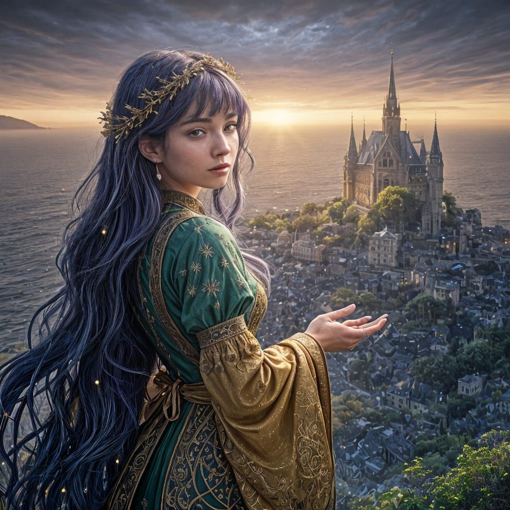 Stormy Landscape with Art Nouveau Sky in Mosaic Style