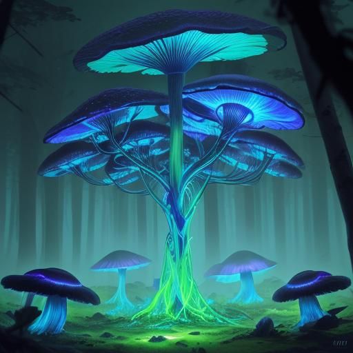 Bioluminescent Alien in Misty Forest