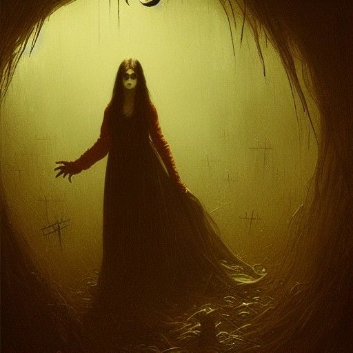 Eerie Witch in Halloween Town, Dark Fantasy Style