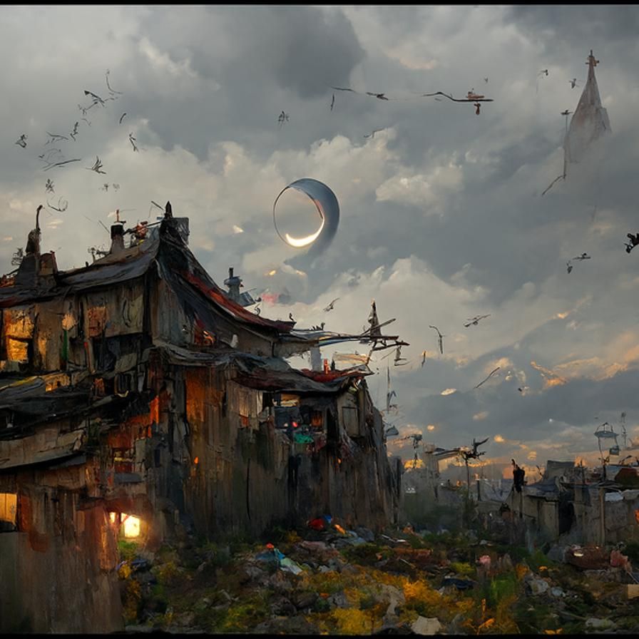 Asian Town Crescent Moon: Sci-Fi Fantasy Art