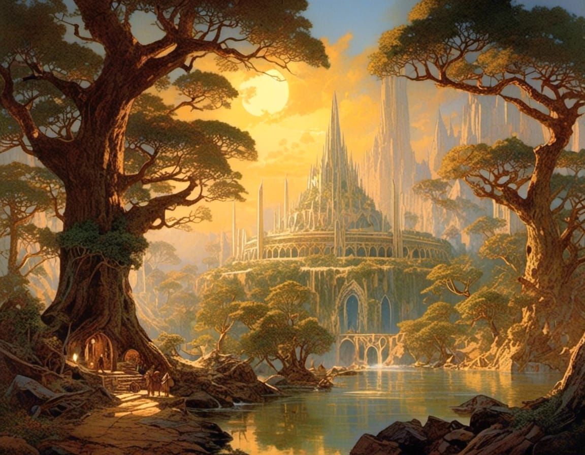 Elven City in Giant Trees, Golden Sunlight