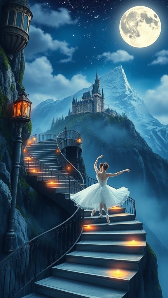 Mystical Twilight Scene with Winding Staircase and Majestic ...