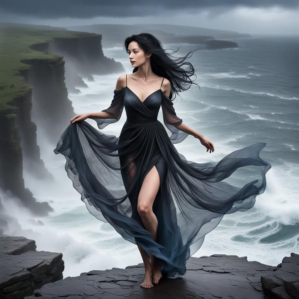 Woman in Black Dress on Cliff in Rainstorm