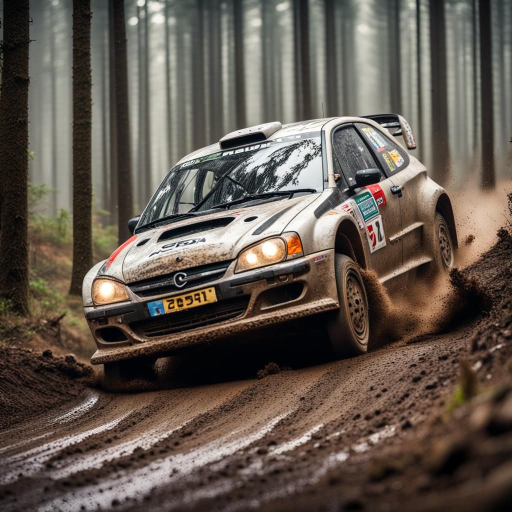 Rally Car Slides Through Mud on Rainy Forest Track