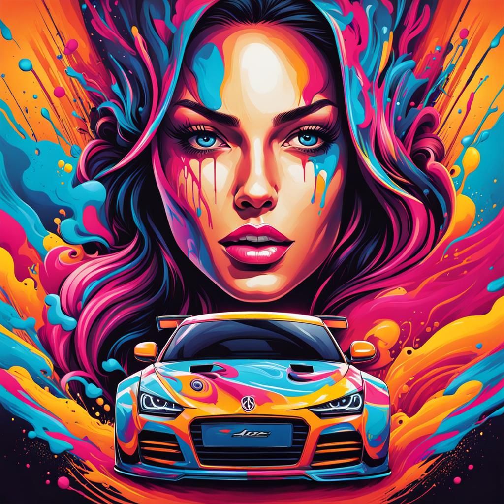 Sports Car and Woman T-Shirt Design in Graffiti Art