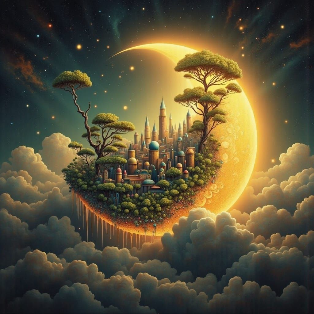 Ethereal Cityscape Under Golden Crescent Moon