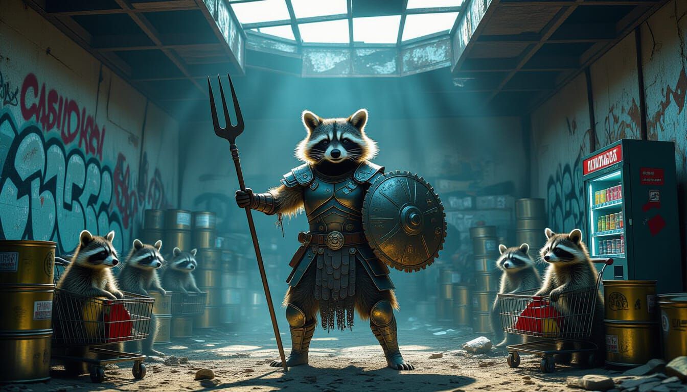Victorious Raccoon Gladiator in Post-Apocalyptic Arena